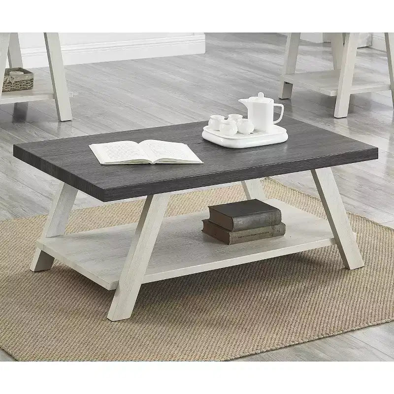 Tavolino da caffè in legno con ripiano a 4 gambe grigio e bianco, 1 posto