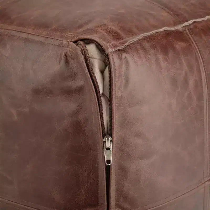 Pouf quadrato in pelle, effetto invecchiato / marrone, 1 posto a sedere