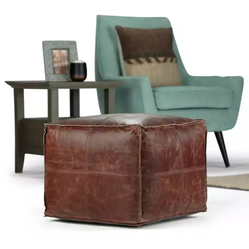 Pouf quadrato in pelle, effetto invecchiato / marrone, 1 posto a sedere
